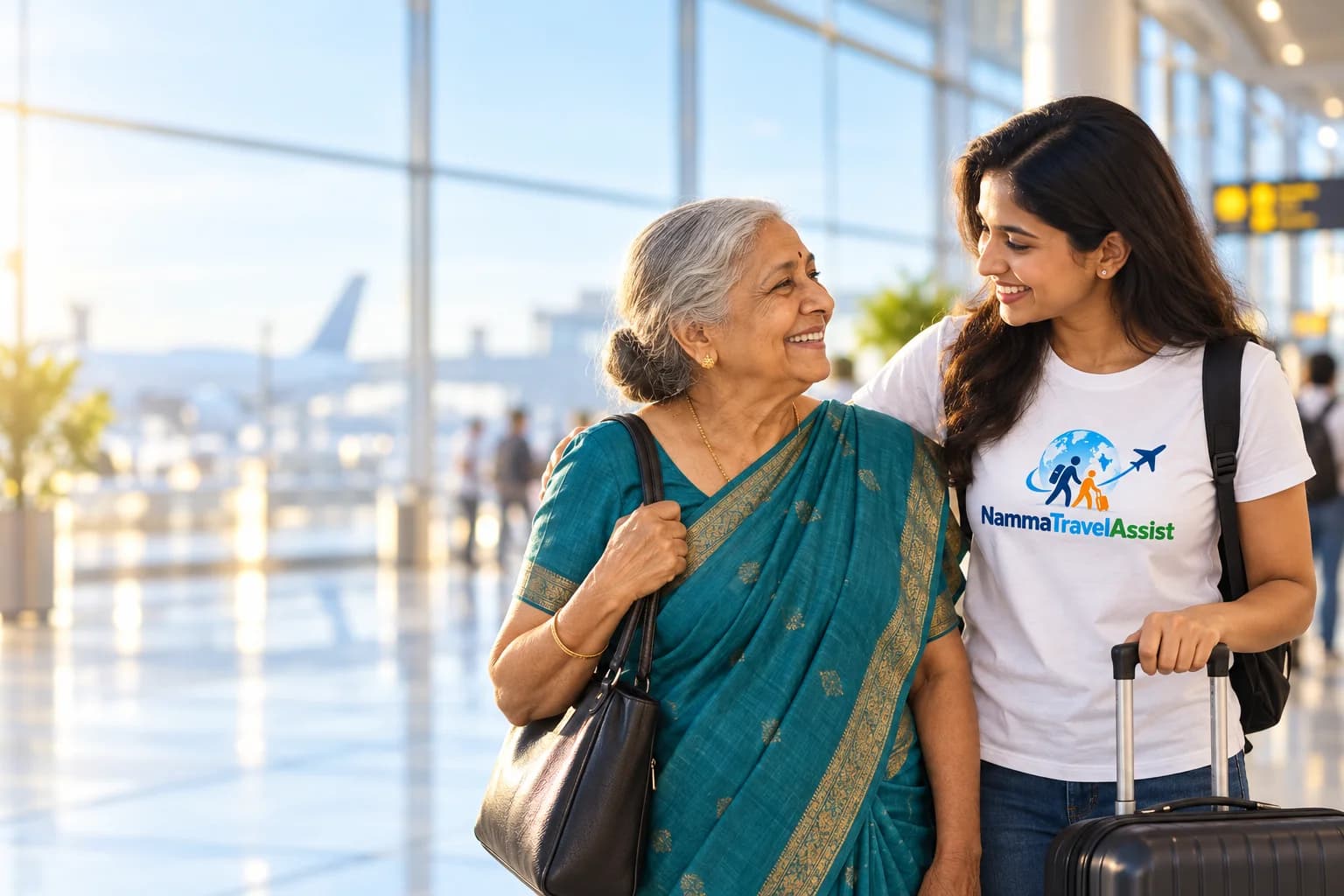 A young woman accompanying an elderly lady at the airport