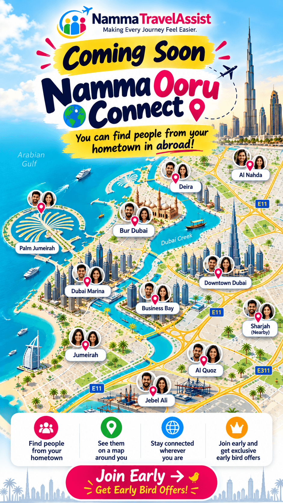 Namma Ooru Connect — coming soon from NammaTravelAssist. Find people from your hometown abroad, see them on a map around you, and stay connected wherever you are. Join early for exclusive early bird offers.